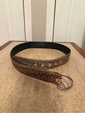 Coach Brown Signature Canvas Belt with Silver Ring Buckle